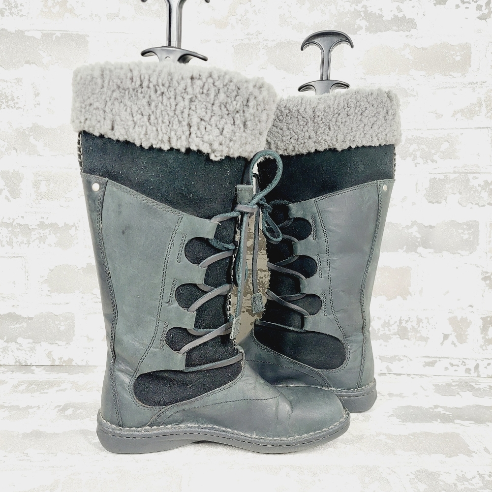 UGG Torrey Black Leather Knit Tall Pull on Winter Snow Boots V704 - Picture 3 of 12